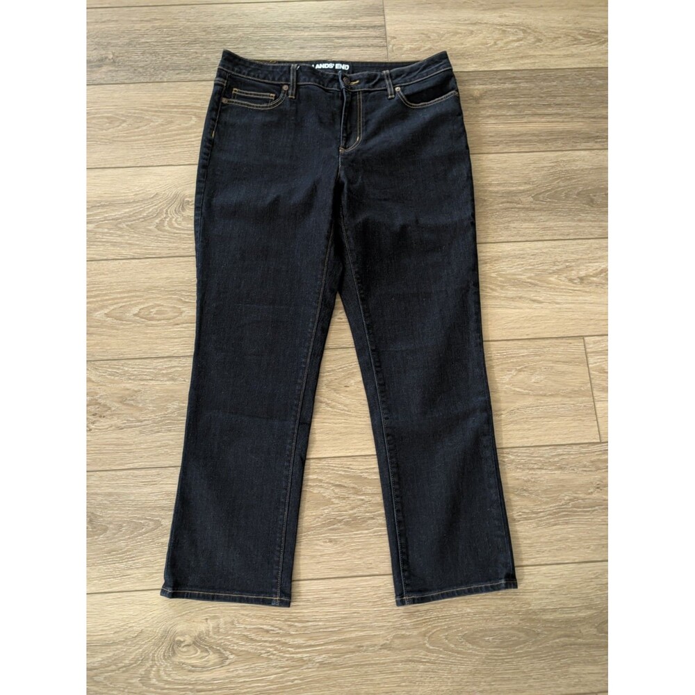Lands End Straight Leg Jeans Womens 14 Petite Dark Blue High Rise Stretch